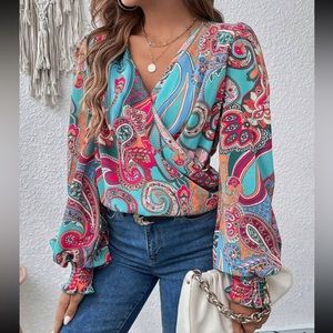 Boho paisley print overlap front lantern sleeve blouse